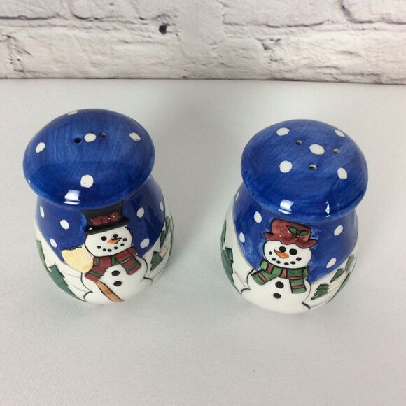 Christmas Mr. & Mrs Snowman Large Salt and Pepper Shakers Stove Top Ceramic Blue - Picture 5 of 7